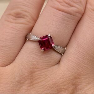 High Quality Lab Grown 1.21 Carat Asscher Cut Red Ruby Gemstone Silver Ring